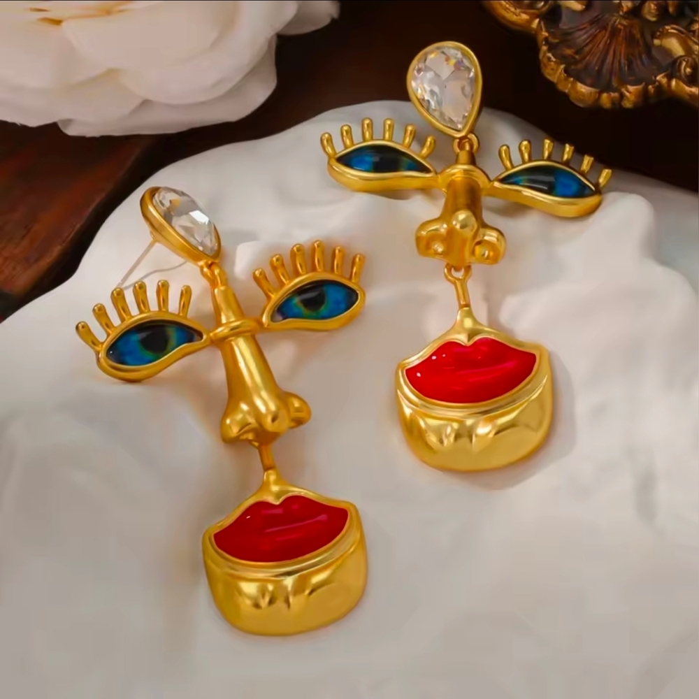 Gold and Blue Artistic Earrings - Picture 7 of 7